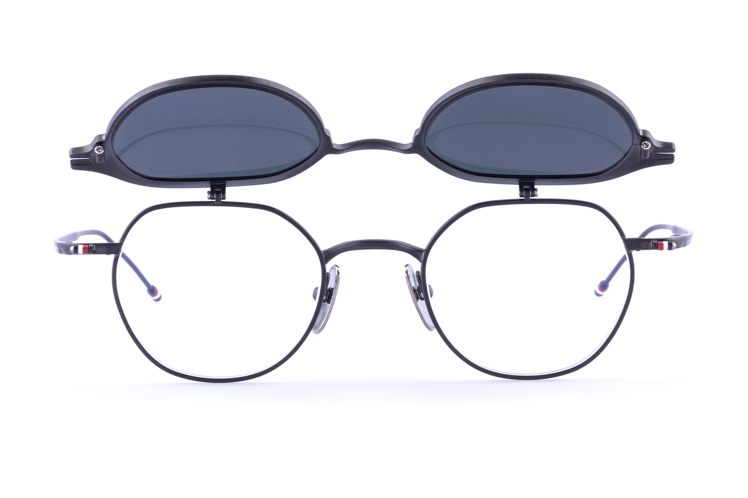 ROUND CLIP ON SUNGLASSES IN TITANIUM 46 BLACK IRON SILVER MIRROR AR