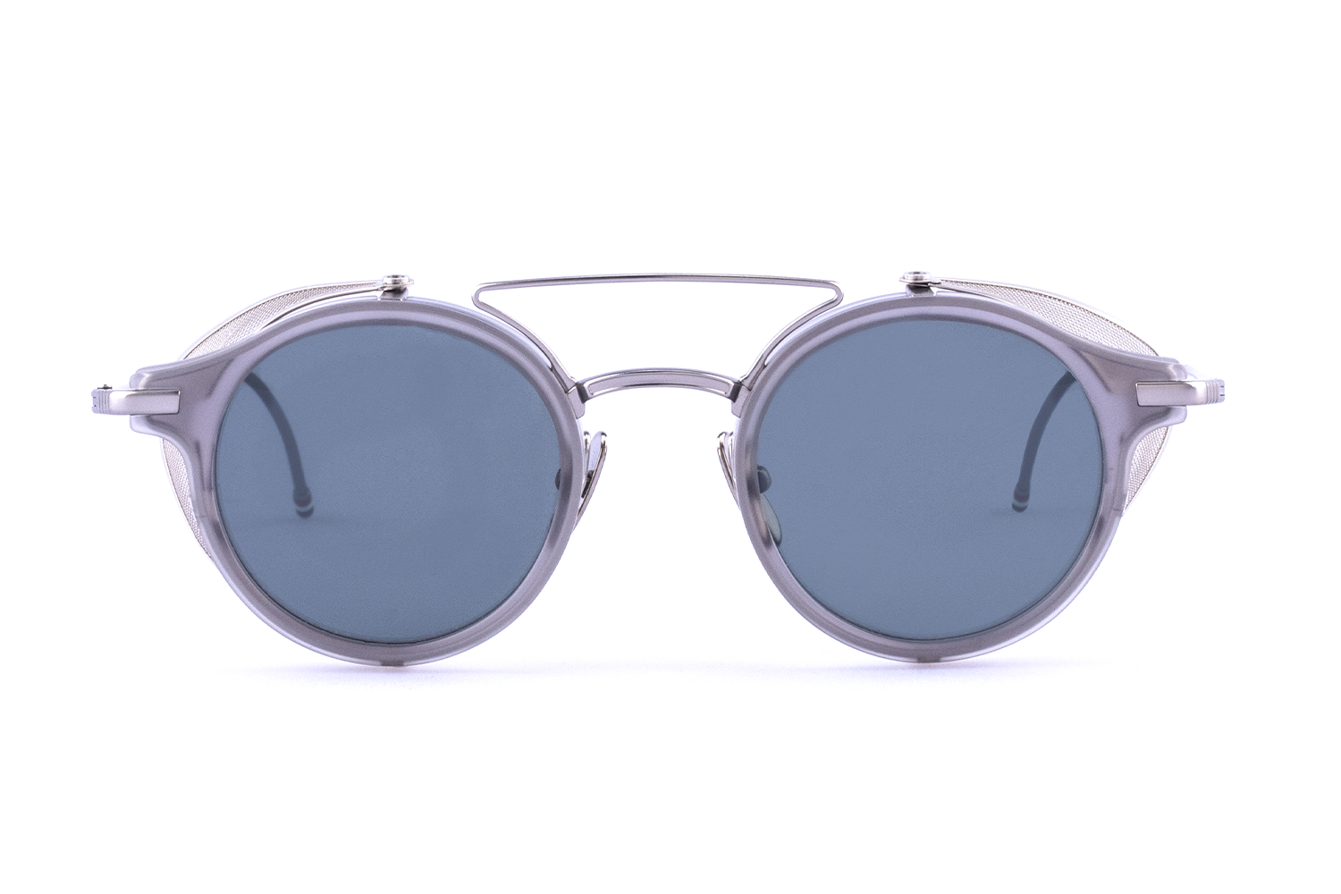 ROUND SUNGLASSES W/ SIDE SHIELDS IN ACETATE AND TITANIUM 45 SATIN CRYSTAL GREY DK GREY AR