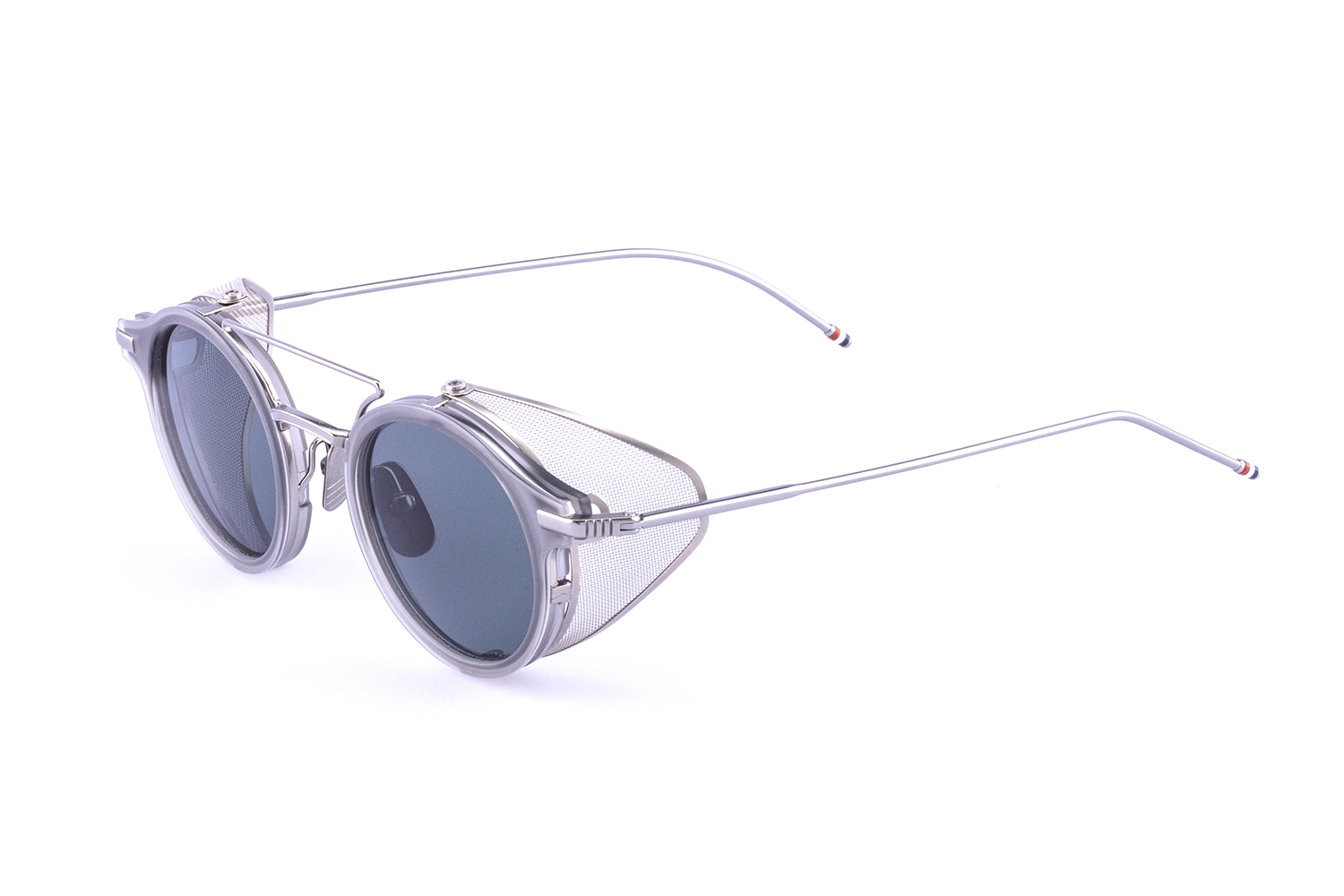 ROUND SUNGLASSES W/ SIDE SHIELDS IN ACETATE AND TITANIUM 45 SATIN CRYSTAL GREY DK GREY AR