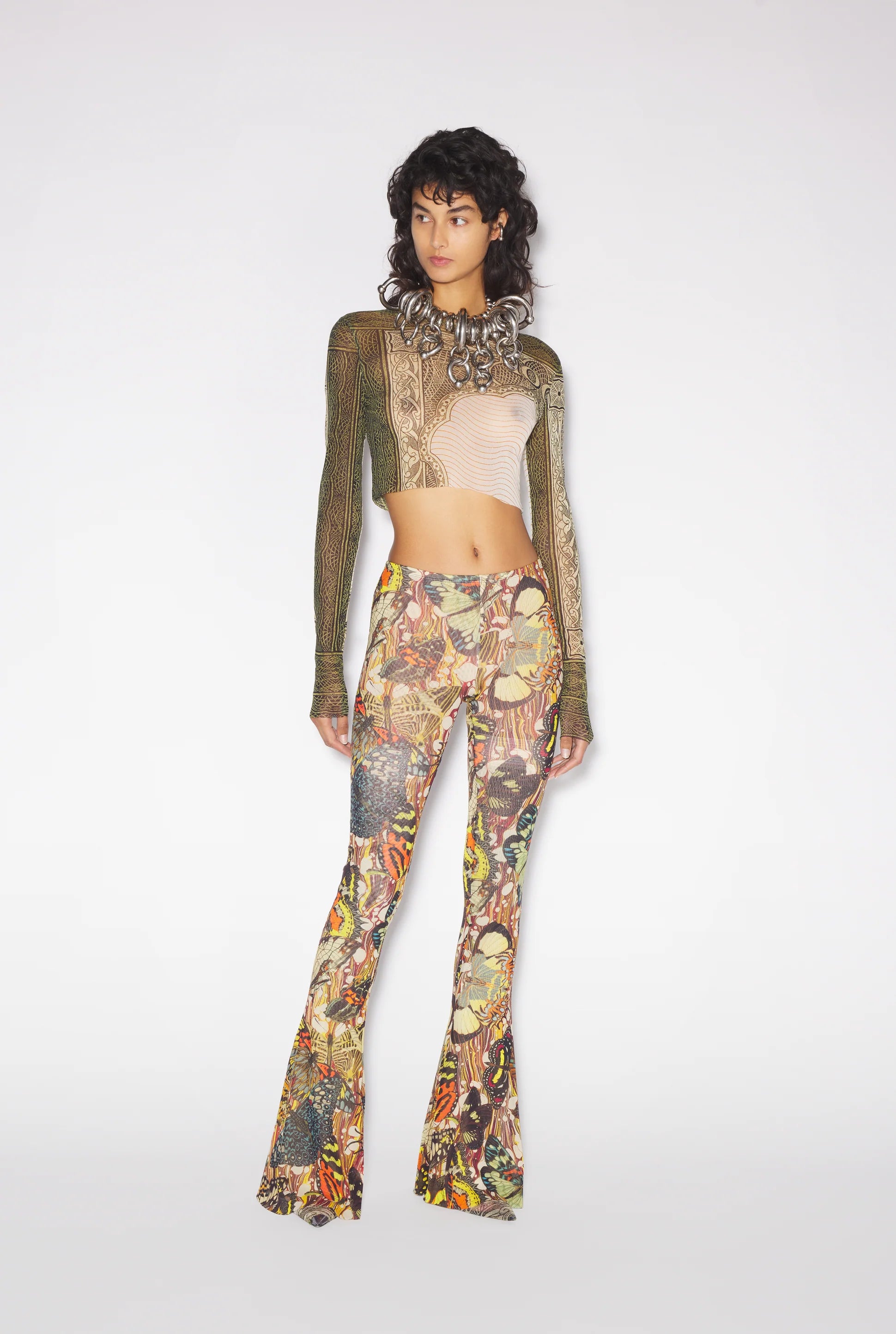 CREW NECK LONG SLEEVES CROP TOP PRINTED CARTOUCHE GREEN/ECRU/BLACK/ORANGE