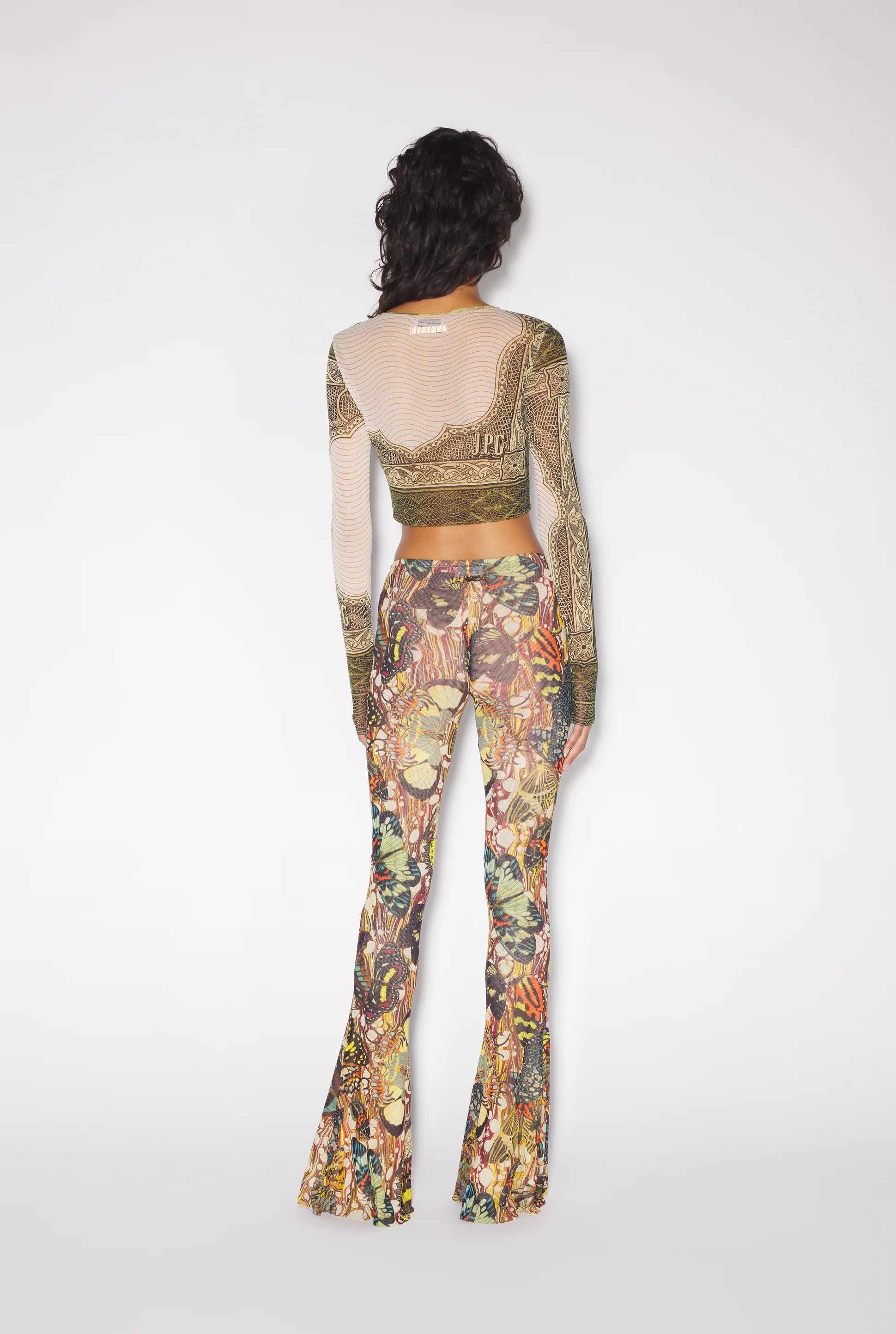 CREW NECK LONG SLEEVES CROP TOP PRINTED CARTOUCHE GREEN/ECRU/BLACK/ORANGE