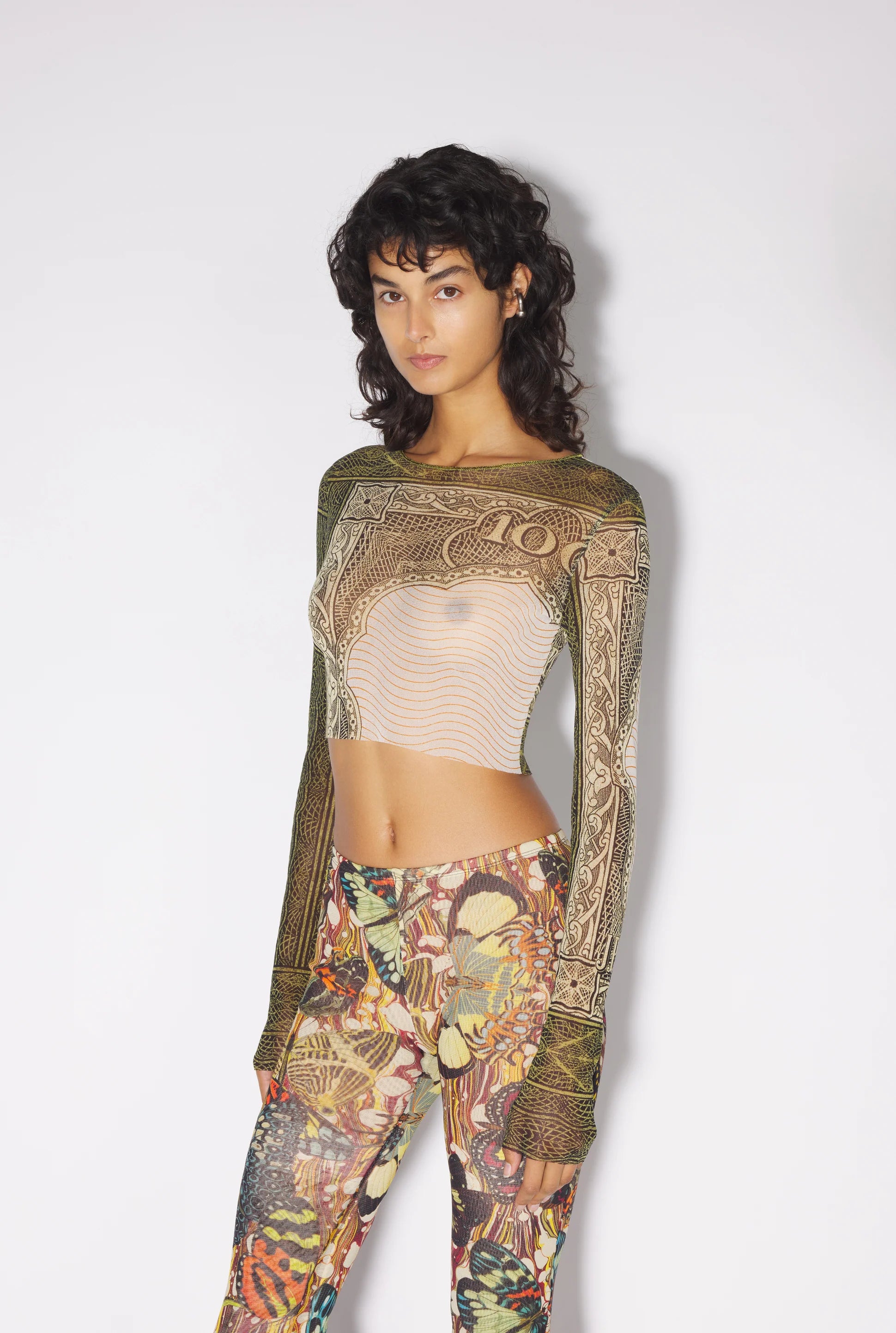 CREW NECK LONG SLEEVES CROP TOP PRINTED CARTOUCHE GREEN/ECRU/BLACK/ORANGE