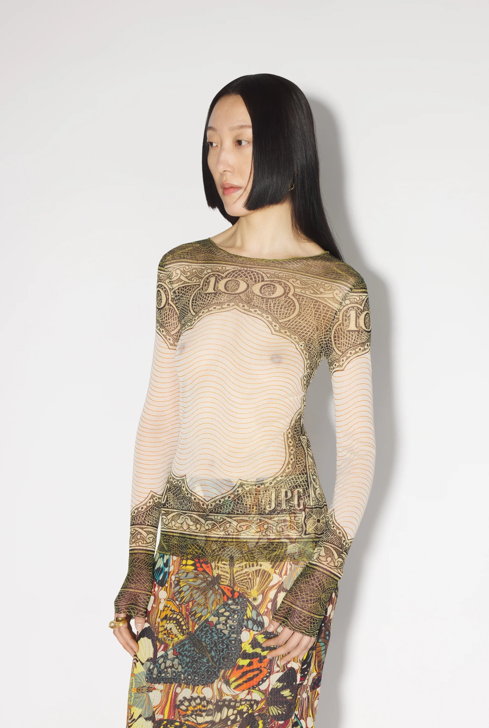 CREW NECK LONG SLEEVES MESH TOP PRINTED CARTOUCHE GREEN/ECRU/BLACK/ORANGE