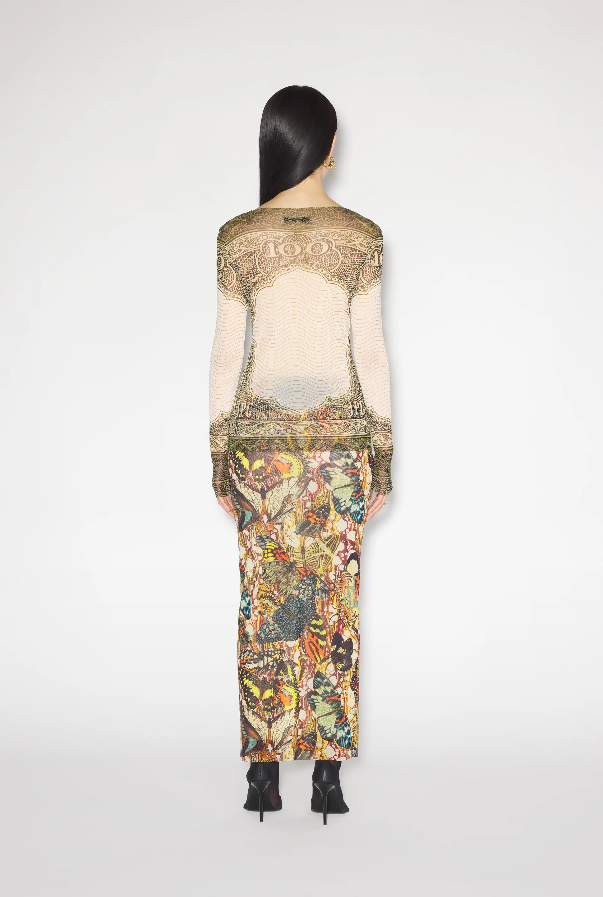 CREW NECK LONG SLEEVES MESH TOP PRINTED CARTOUCHE GREEN/ECRU/BLACK/ORANGE
