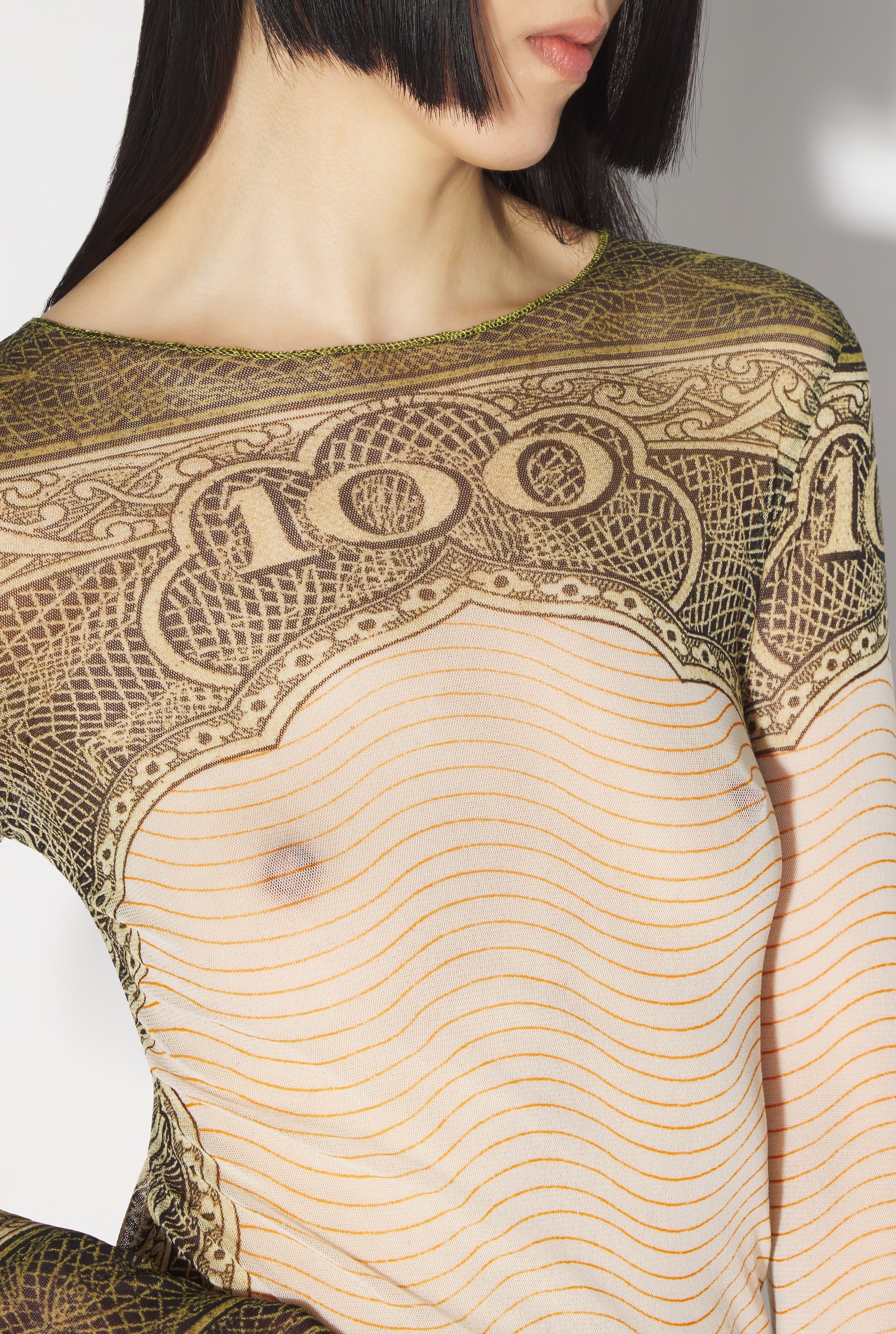 CREW NECK LONG SLEEVES MESH TOP PRINTED CARTOUCHE GREEN/ECRU/BLACK/ORANGE
