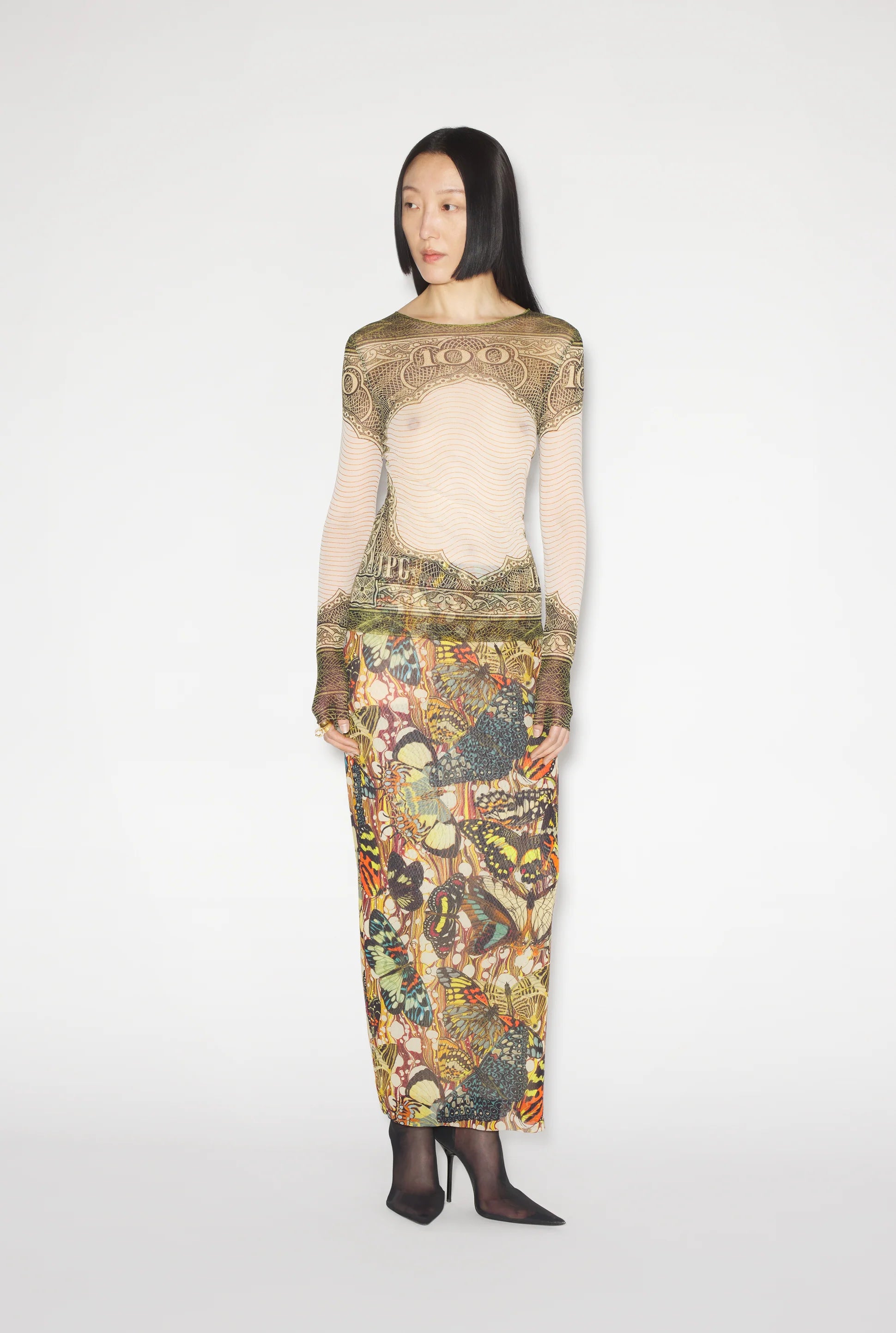 CREW NECK LONG SLEEVES MESH TOP PRINTED CARTOUCHE GREEN/ECRU/BLACK/ORANGE