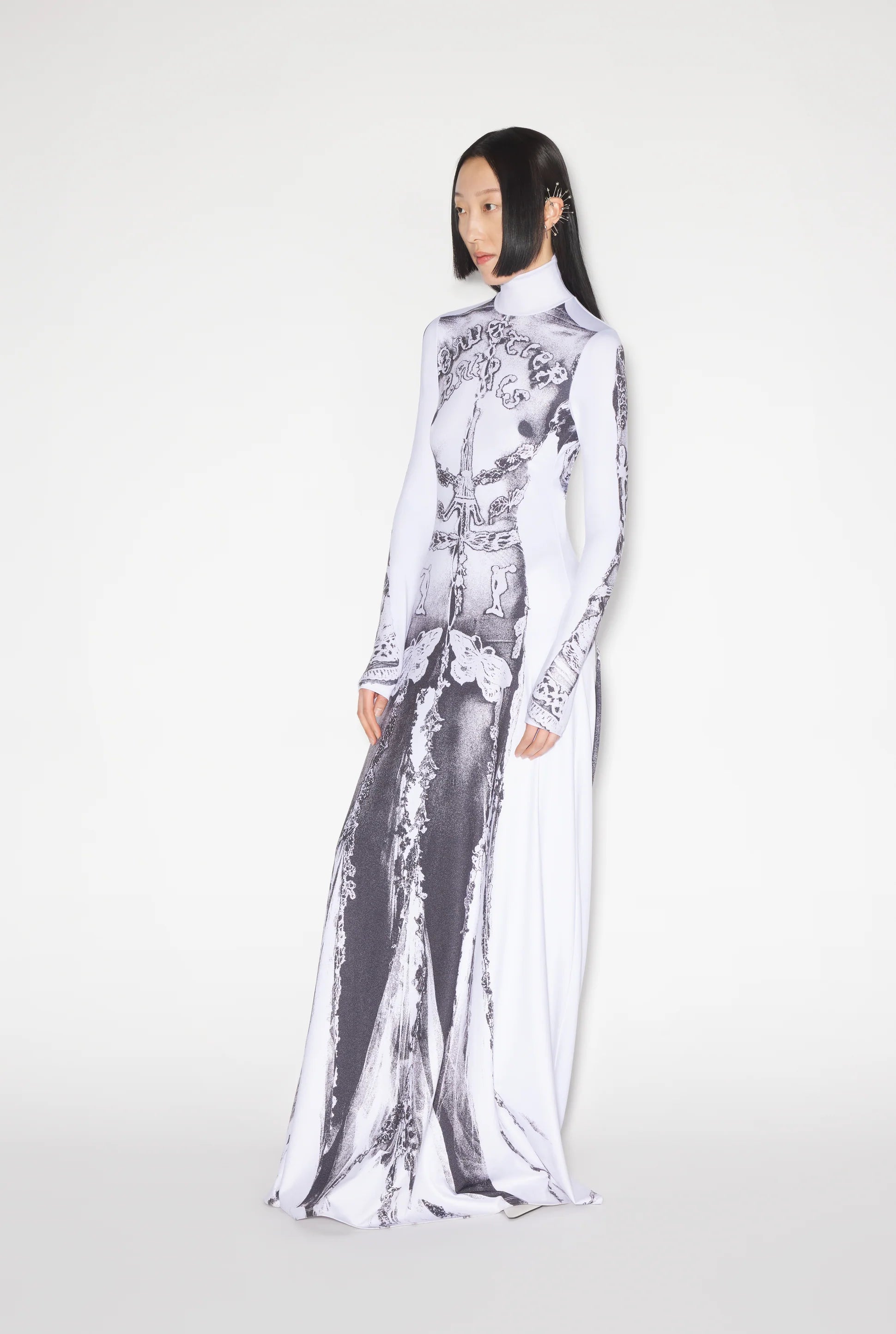 JERSEY LONG SLEEVES BACKLESS DRESS PRINTED DENTELLE TROMPE L'OEIL WHITE/BLACK