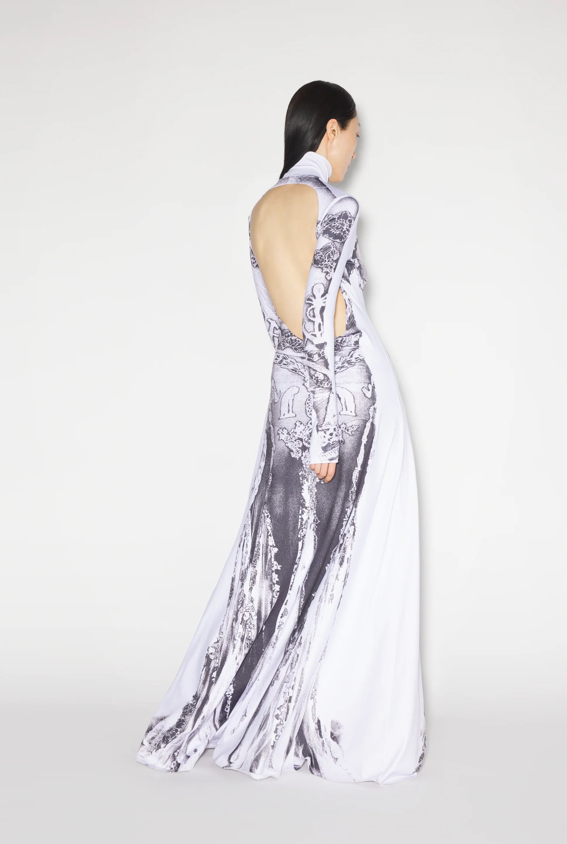 JERSEY LONG SLEEVES BACKLESS DRESS PRINTED DENTELLE TROMPE L'OEIL WHITE/BLACK