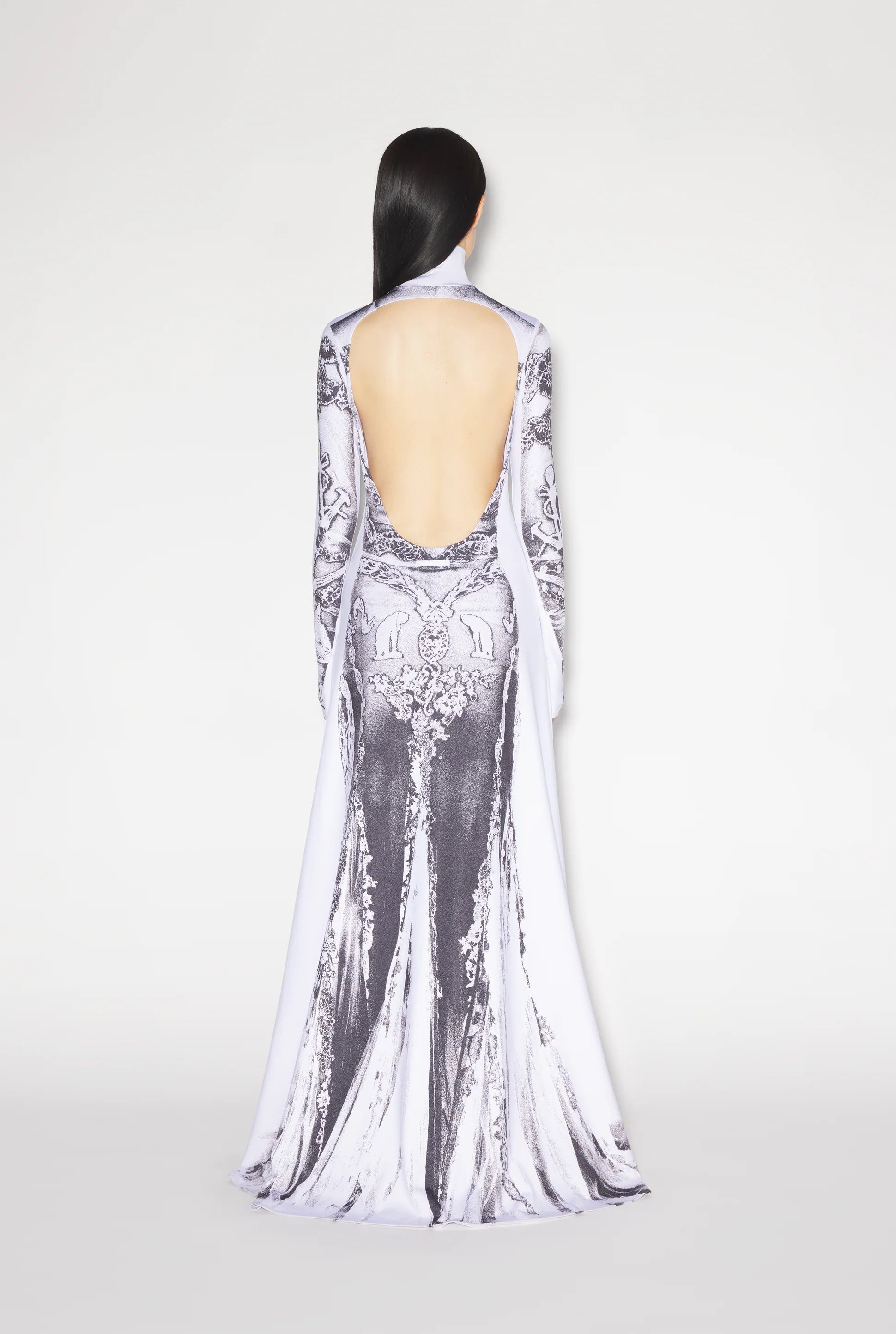 JERSEY LONG SLEEVES BACKLESS DRESS PRINTED DENTELLE TROMPE L'OEIL WHITE/BLACK