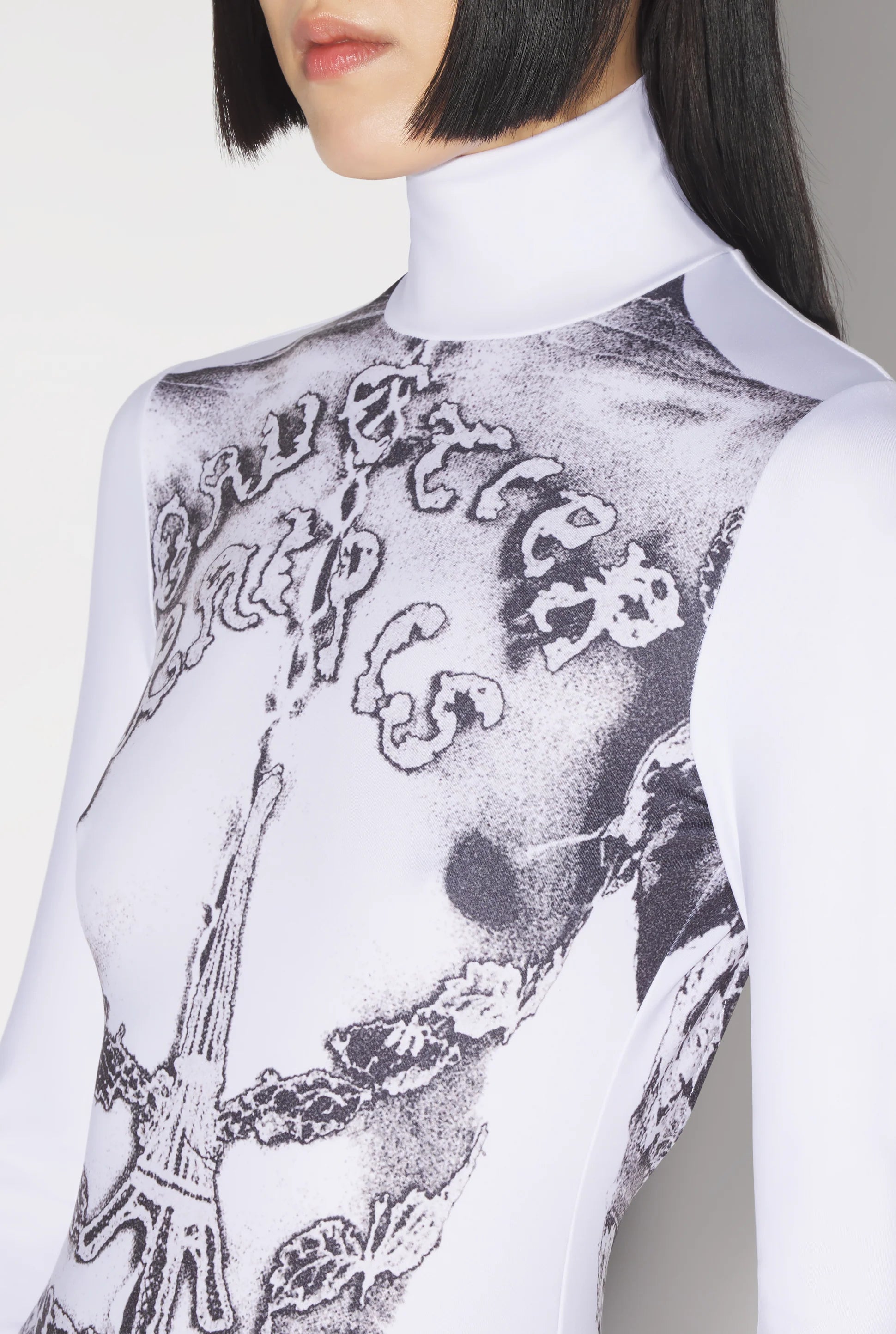 JERSEY LONG SLEEVES BACKLESS DRESS PRINTED DENTELLE TROMPE L'OEIL WHITE/BLACK