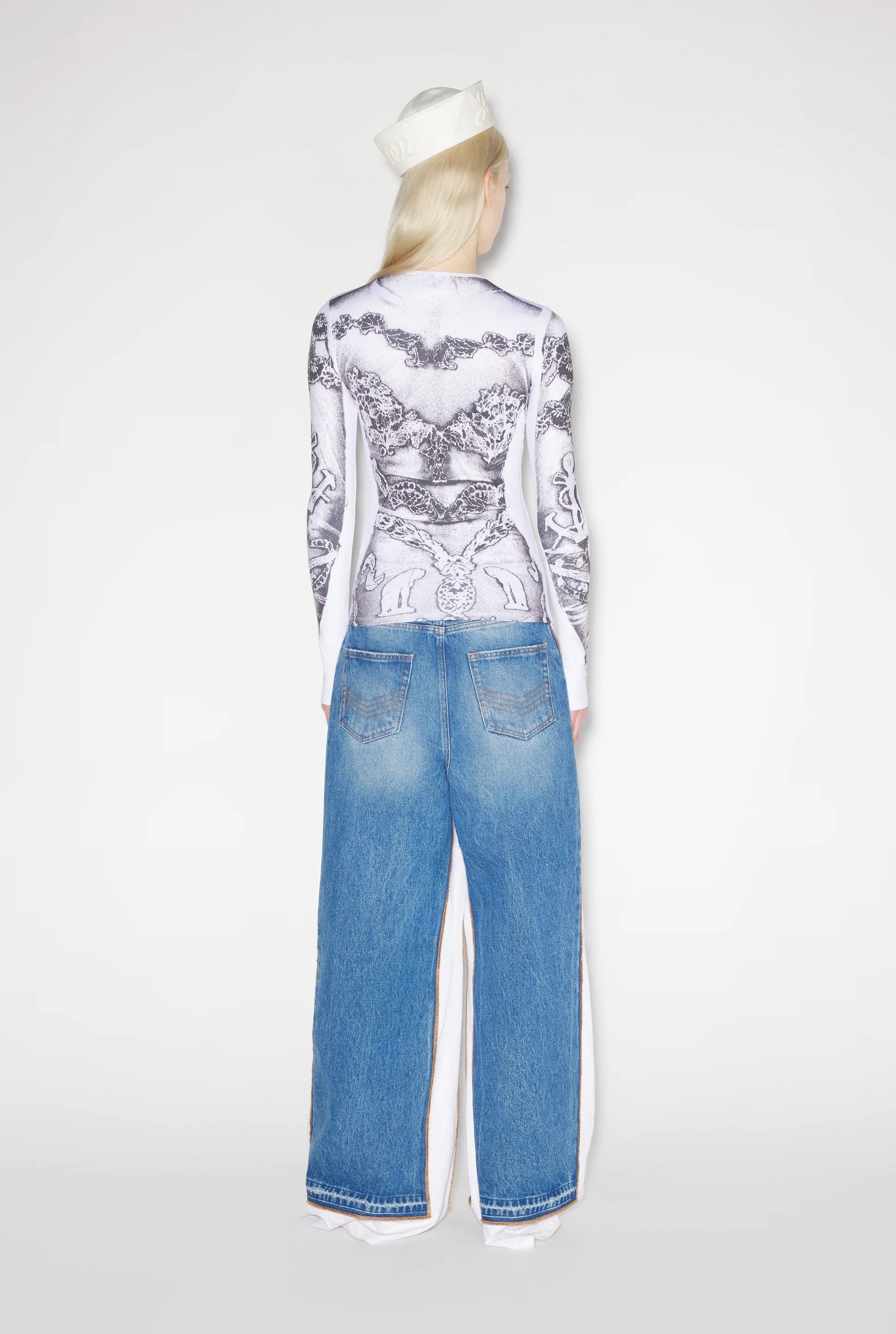 JERSEY LONG SLEEVES PRINTED DENTELLE TROMPE L'OEIL WHITE/BLACK