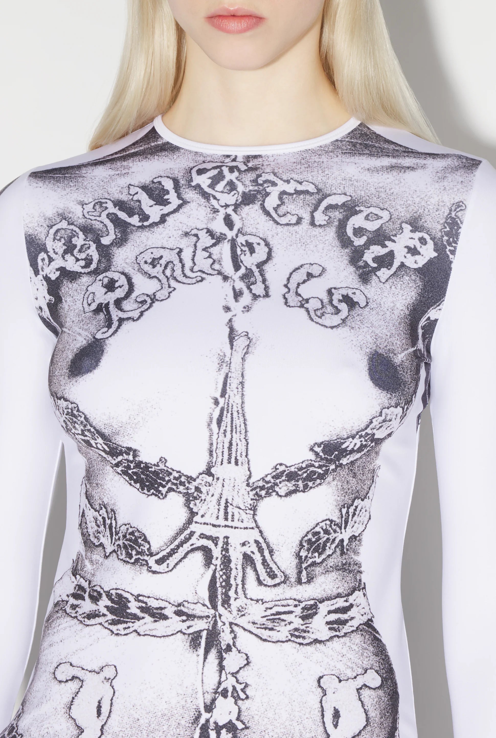 JERSEY LONG SLEEVES PRINTED DENTELLE TROMPE L'OEIL WHITE/BLACK