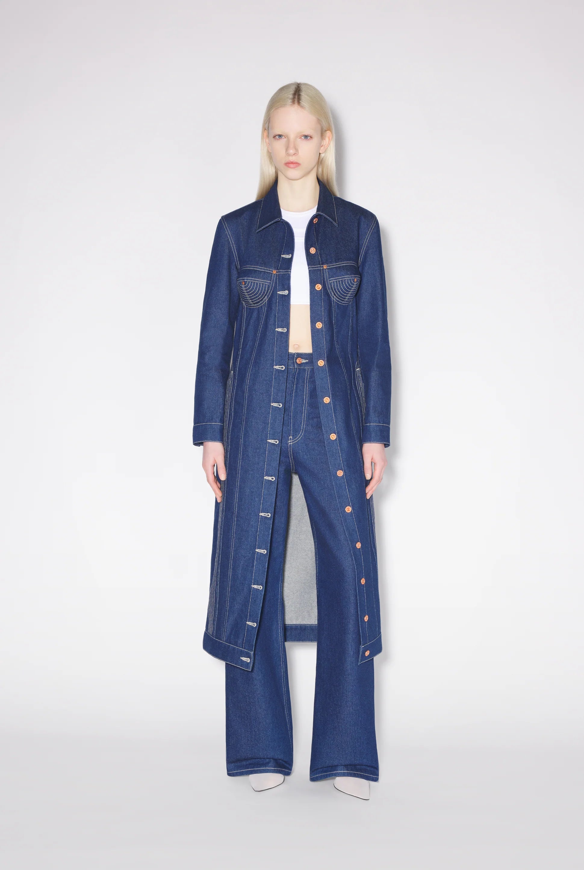LONG SLEEVES DENIM COAT WITH CONTRASTED TOPSTITCHING MADONNA INSPIRED INDIGO/TABAC