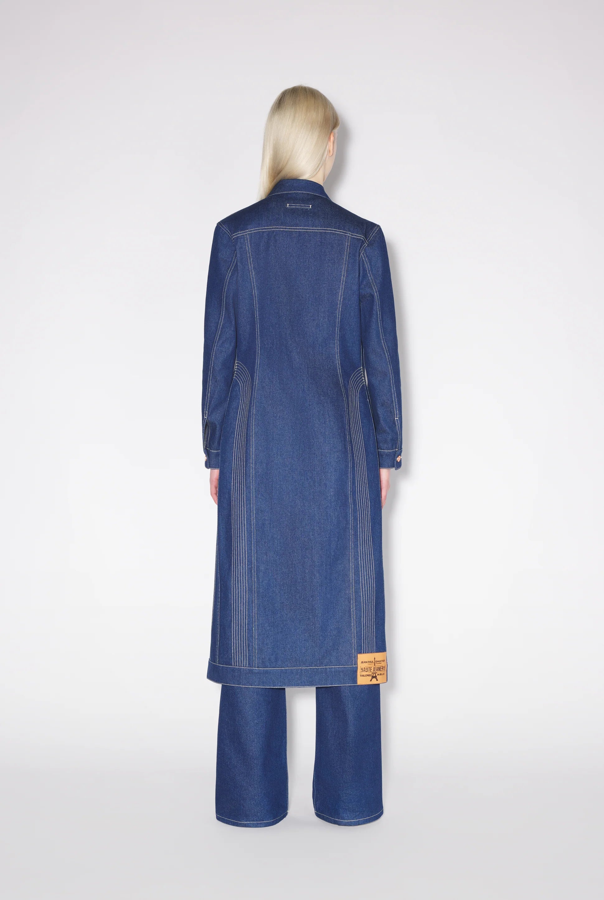 LONG SLEEVES DENIM COAT WITH CONTRASTED TOPSTITCHING MADONNA INSPIRED INDIGO/TABAC