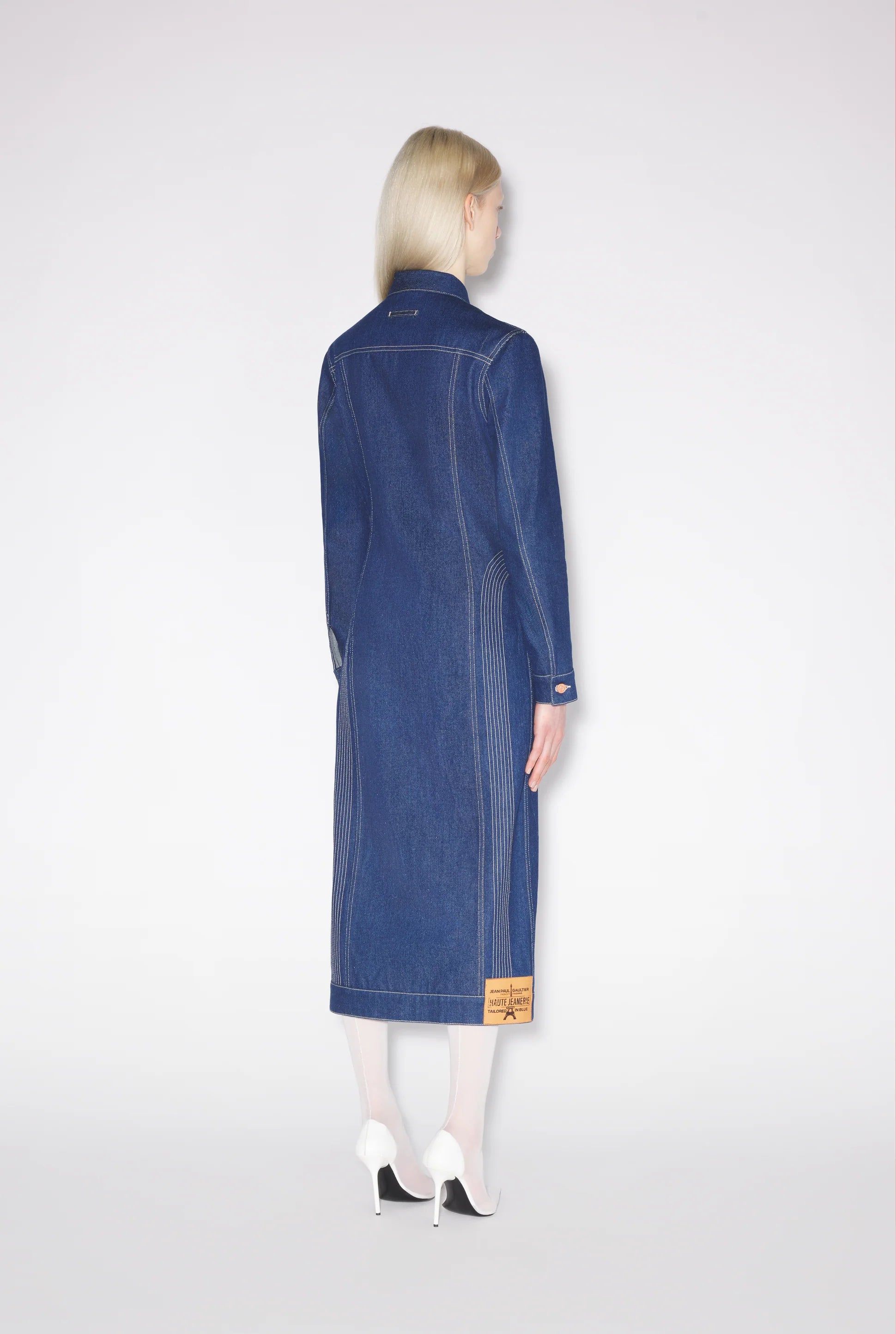 LONG SLEEVES DENIM COAT WITH CONTRASTED TOPSTITCHING MADONNA INSPIRED INDIGO/TABAC